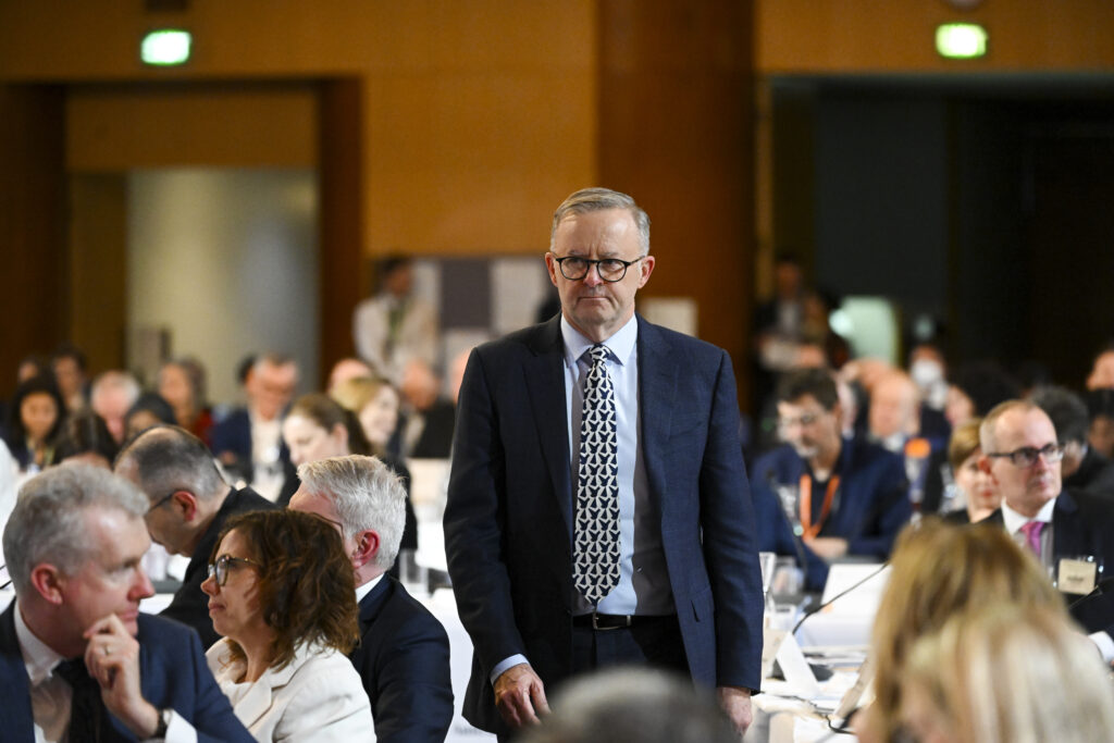 Australian Prime Minister Anthony Albanese attends the Jobs and Skills Summit at Parliament House in Canberra, Thursday, September 1, 2022. (AAP Image/Lukas Coch) NO ARCHIVING